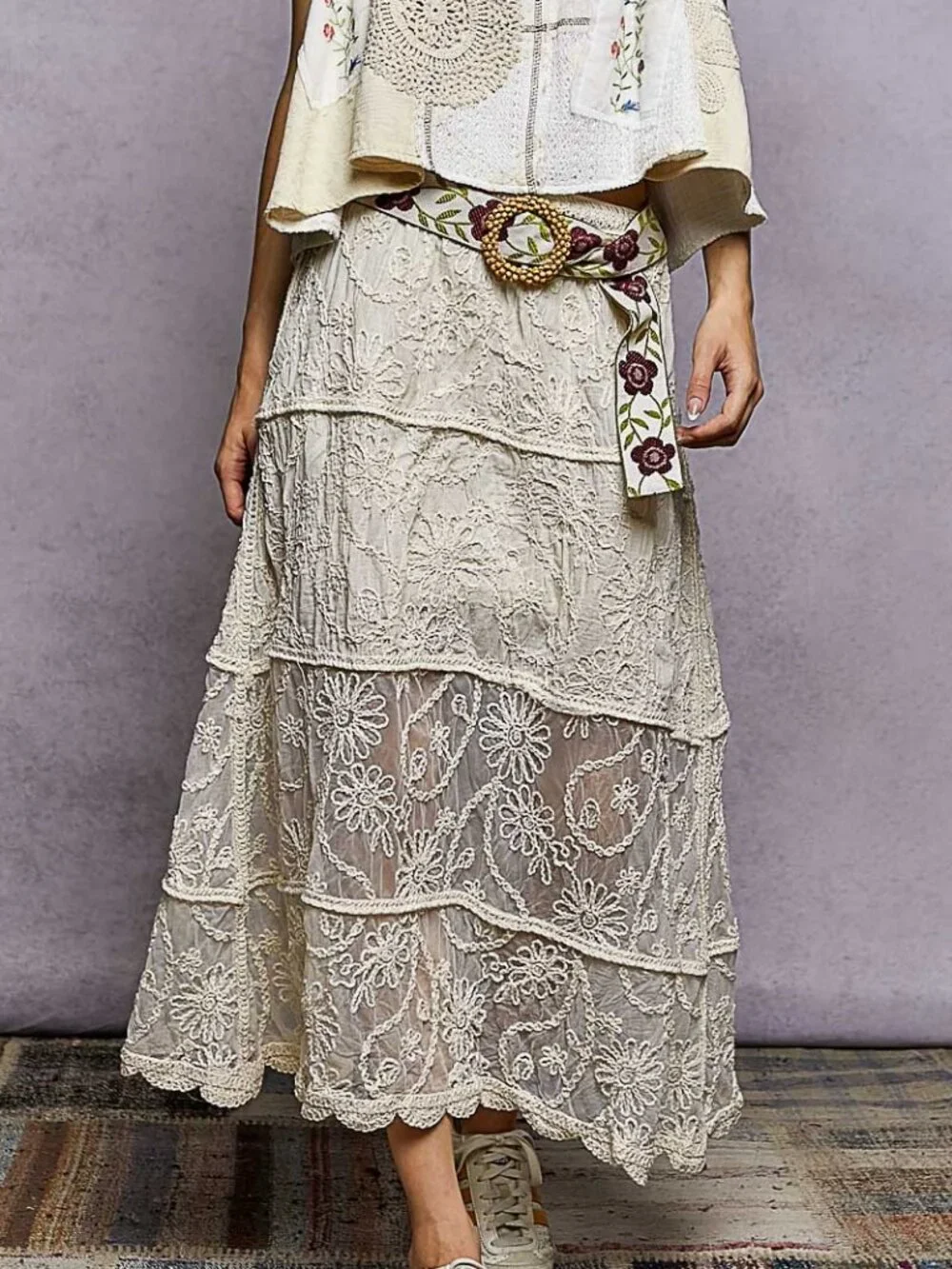Floral Embroidered Tiered Crochet Skirt Boho Cottagecore Style - Picture 1 of 5